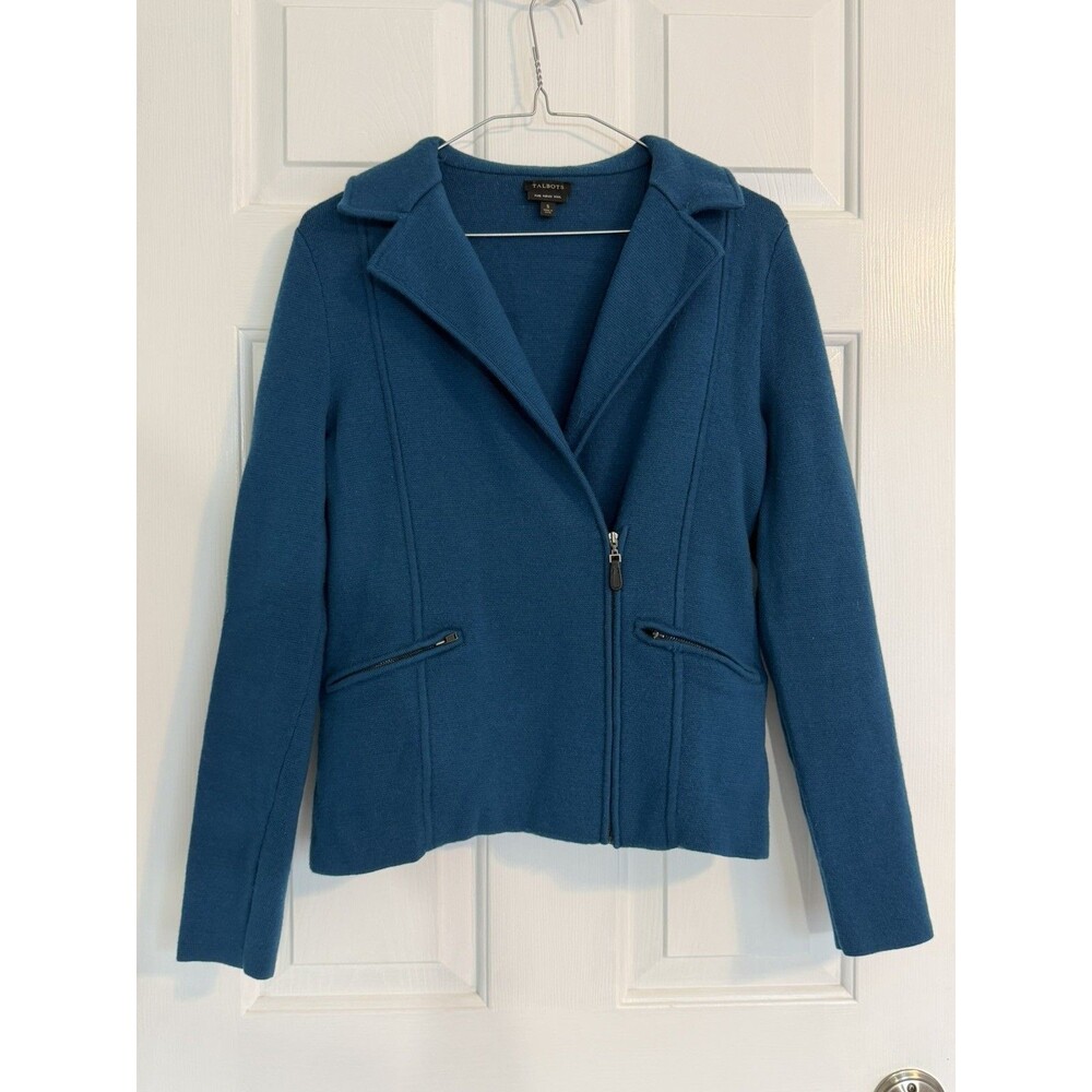 Talbots Petite Pure Merino Wool Zip Front Blazer Women's Blue Zippered Pockets S